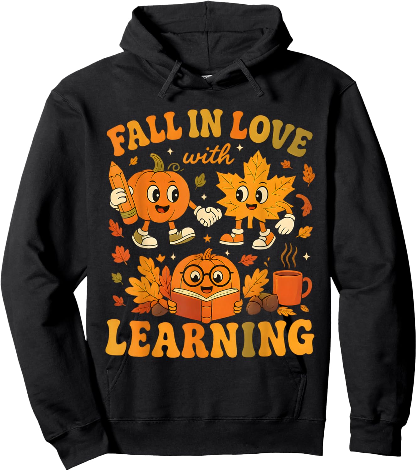 Retro Fall in Love with Learning Autumn Thanksgiving Teacher Hoodie - Hoodie | Black