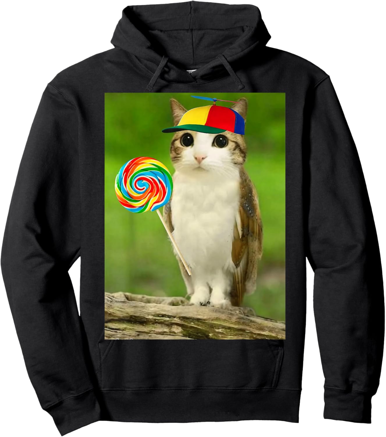 Meowl Cat Owl with Lollipop Funny Cursed Internet Cat Lover Hoodie - Hoodie | Black