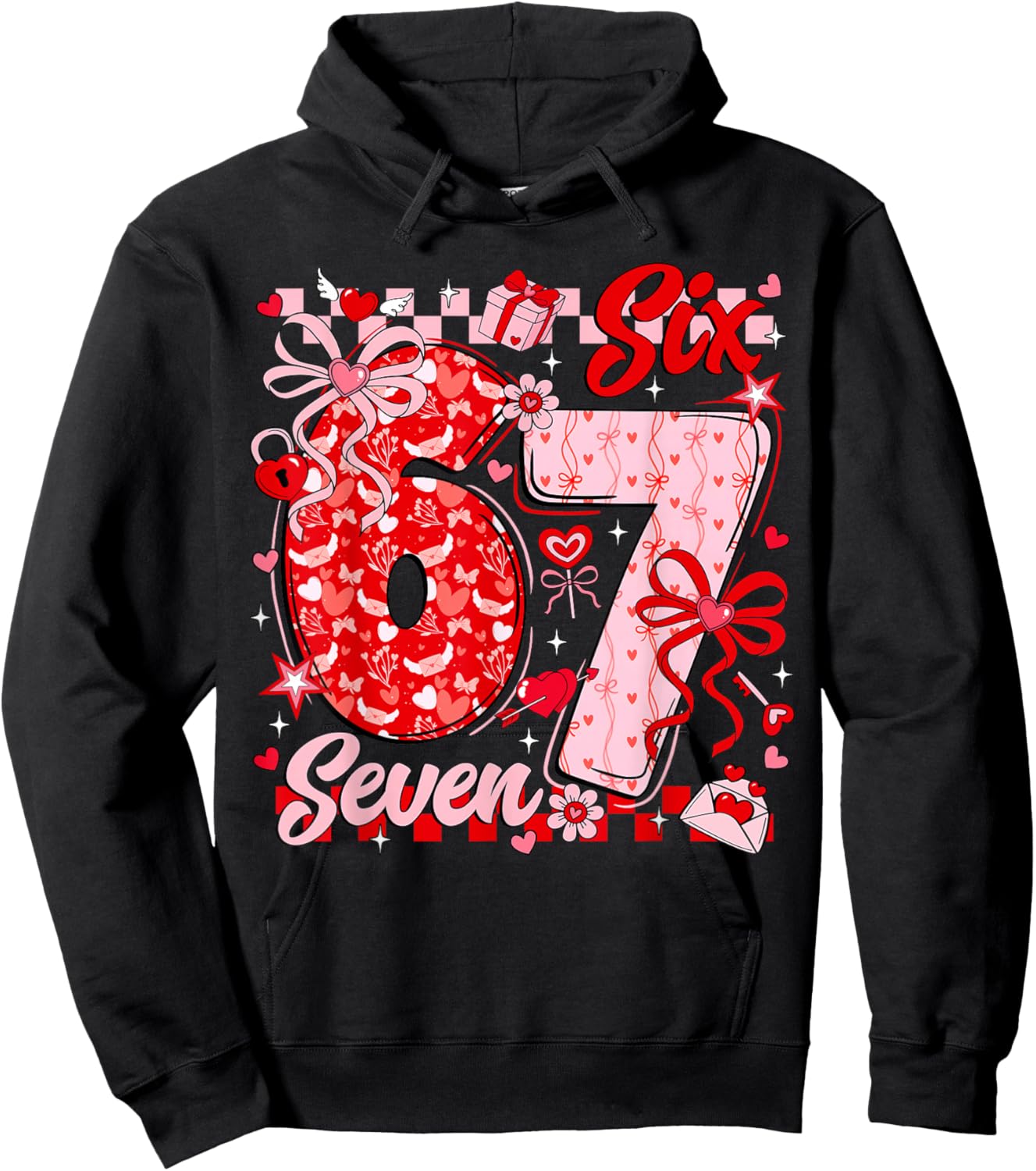 Funny Meme Six Seven Valentine Day 6 7 Heart Men Women Kids Hoodie - Hoodie | Black