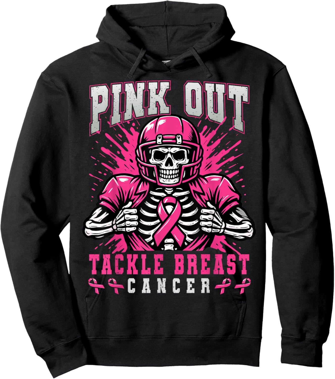 Pink Out Tackle Breast Cancer Football Skeleton Halloween Hoodie - Hoodie | Black