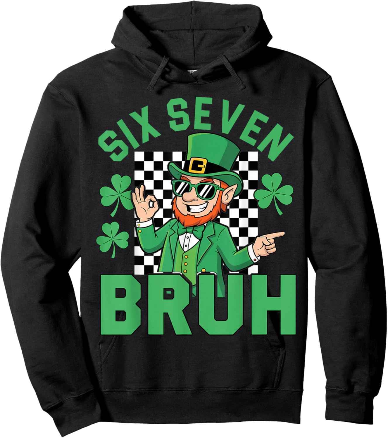 Six Seven Bruh St Patrick's Day Leprechaun Meme Boys Hoodie - Hoodie | Black