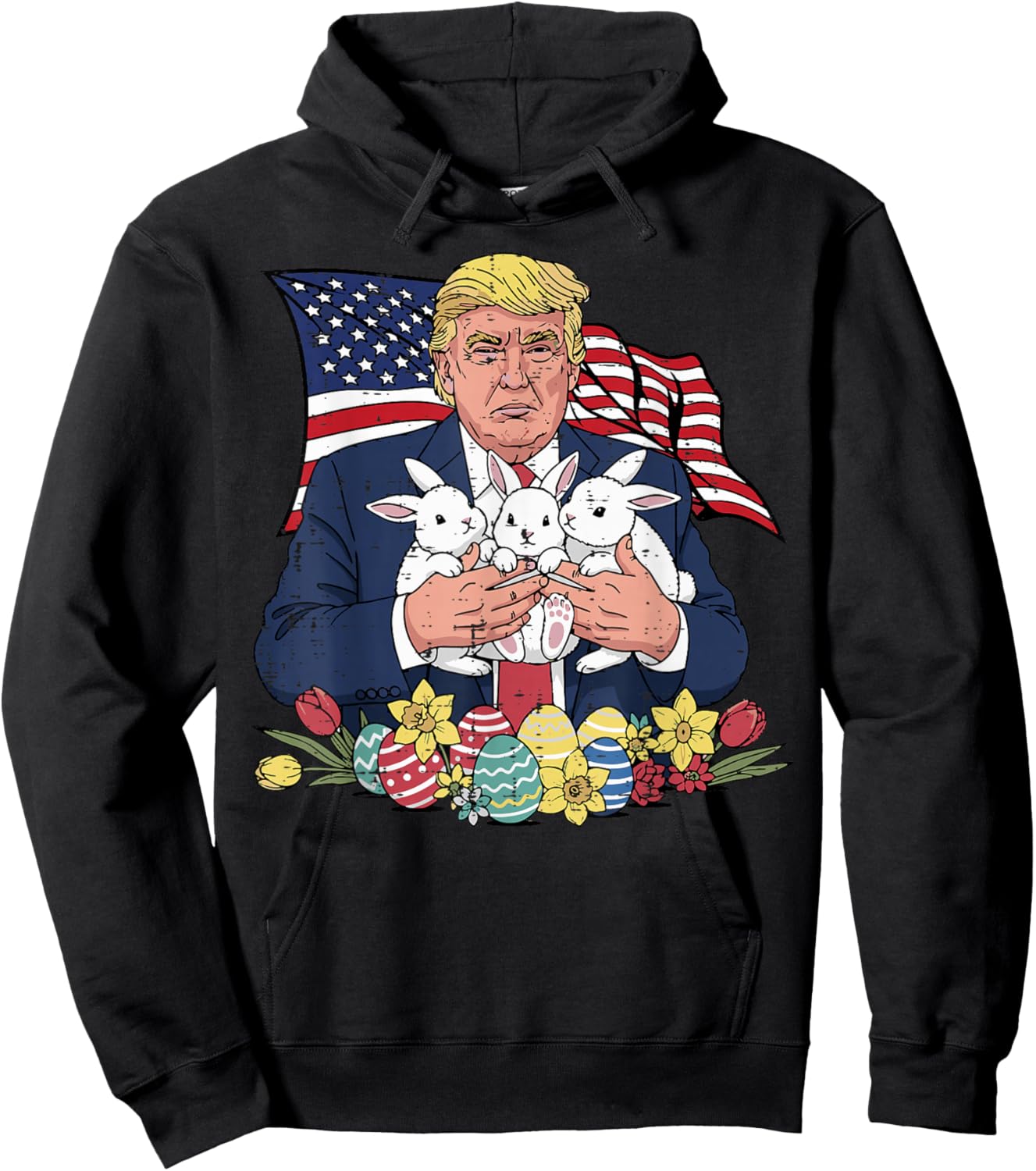 Easter Trump Bunnies Eggs US Flag Patriotic Men Women Kids Hoodie - Hoodie | Black