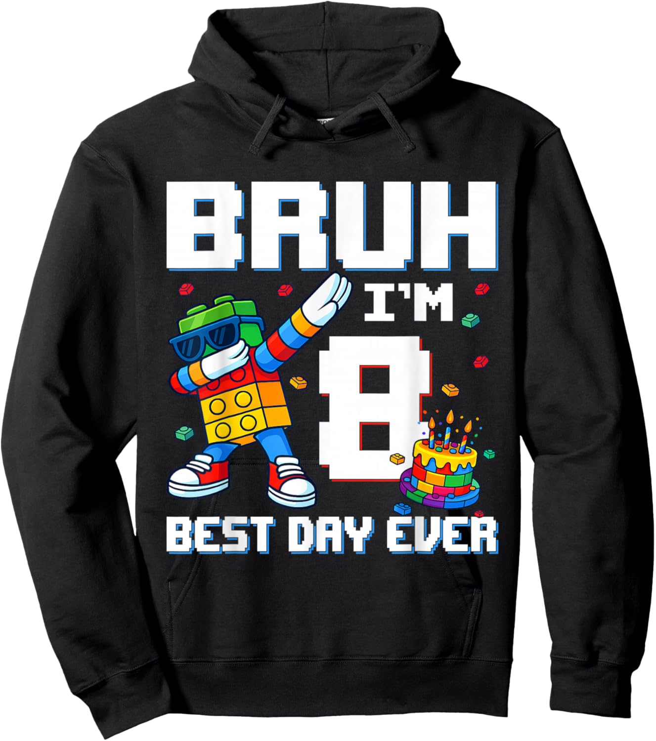 Bruh I’m 8 Colorful Block Character Birthday Kids Boys Hoodie - Hoodie | Black