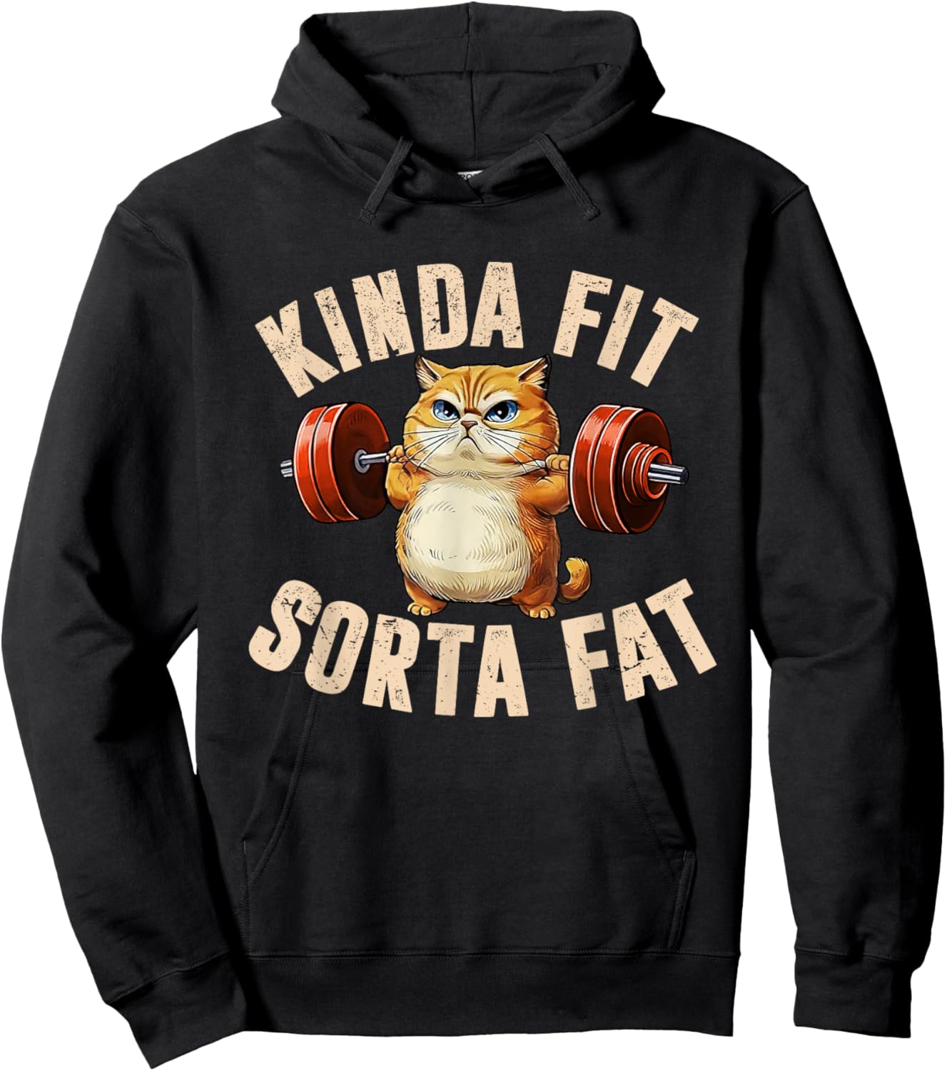 Kinda Fit Sorta Fat Funny Gym Cute Cat Retro Hoodie - Hoodie | Black
