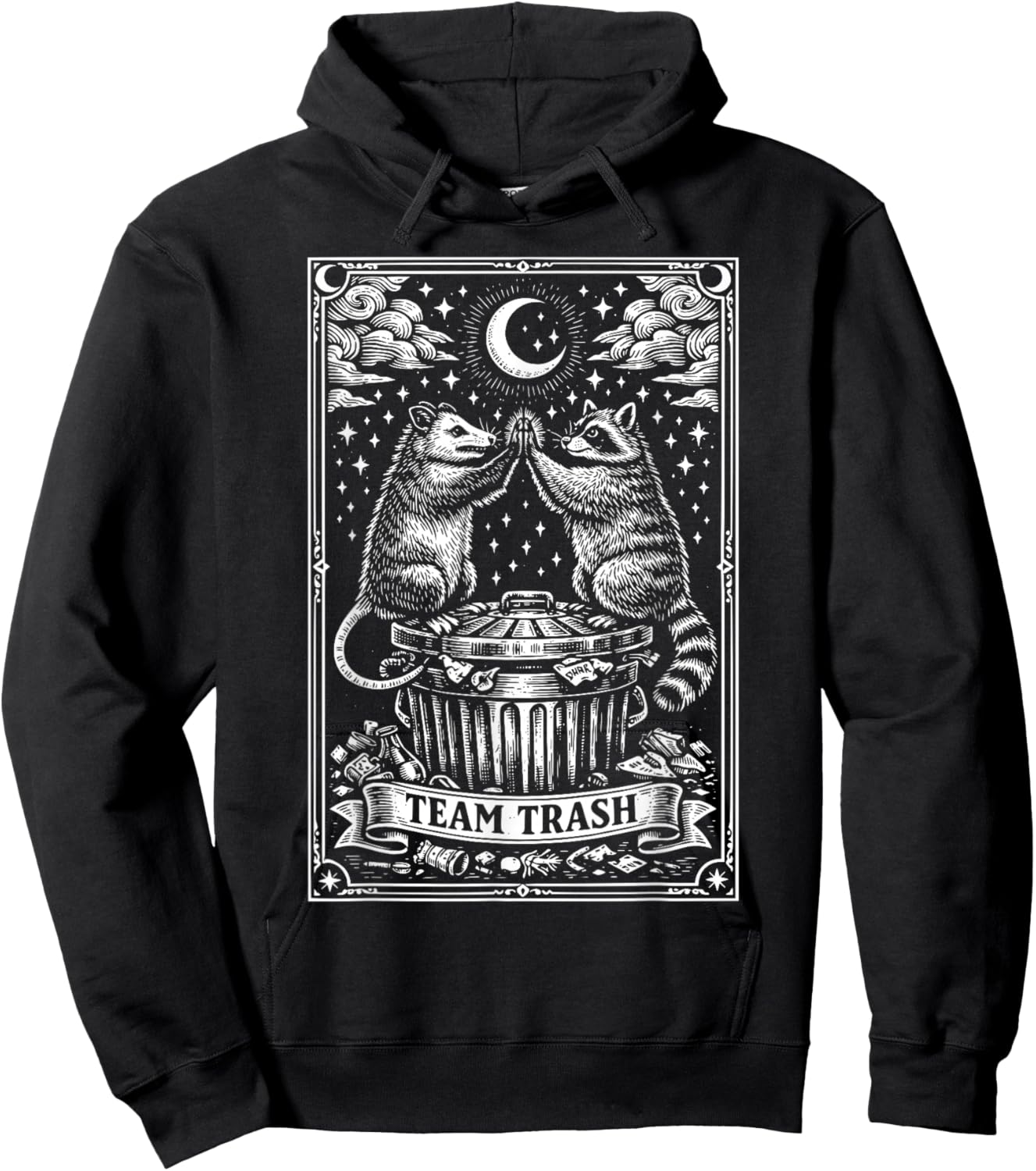 Vintage Tarot Card Raccoon Opossum Crescent Moon Raccoon Hoodie - Hoodie | Black