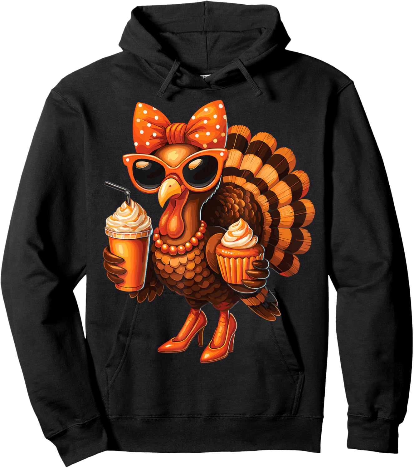 Turkey Drinking Coffee Bow Thanksgiving Funny Gifts Hoodie - Hoodie | Black