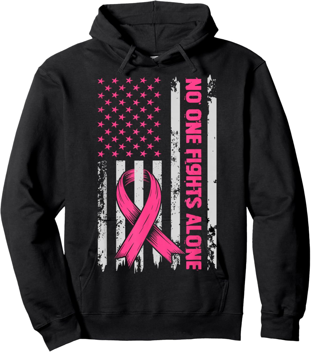 No One Fights Breast Cancer Alone US Flag Pink Ribbon Hoodie - Hoodie | Black