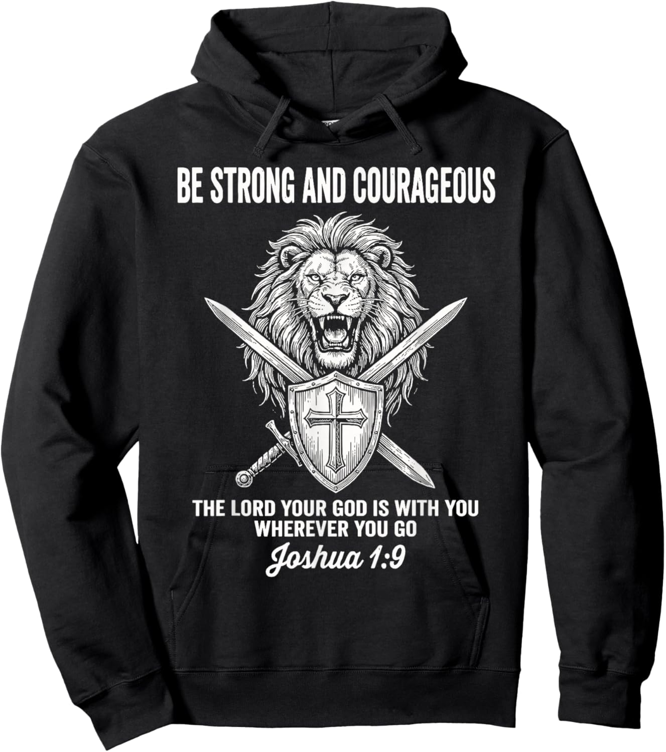 Be Strong and Courageous Lion Shield Christian Scripture Hoodie - Hoodie | Black