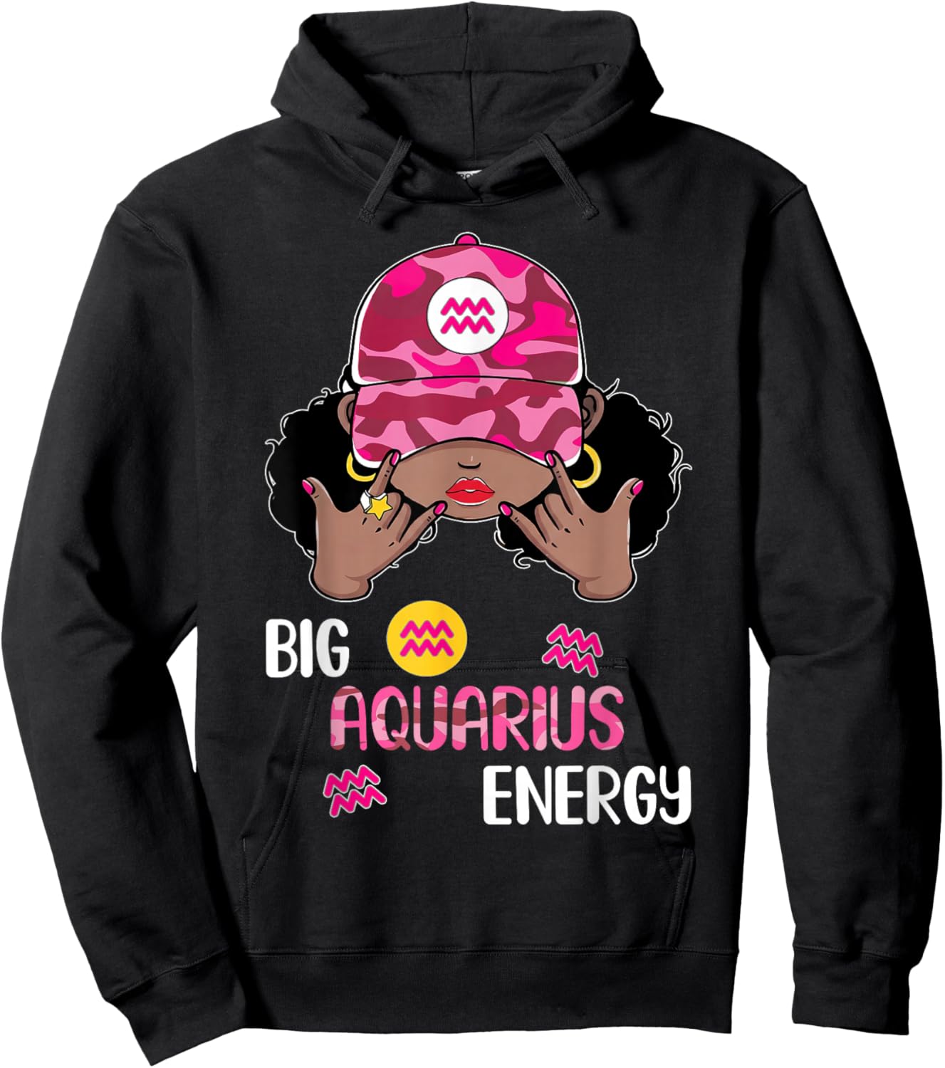 Big Aquarius Energy Woman Pink Camo Cap Afro Girl Zodiac Hoodie - Hoodie | Black