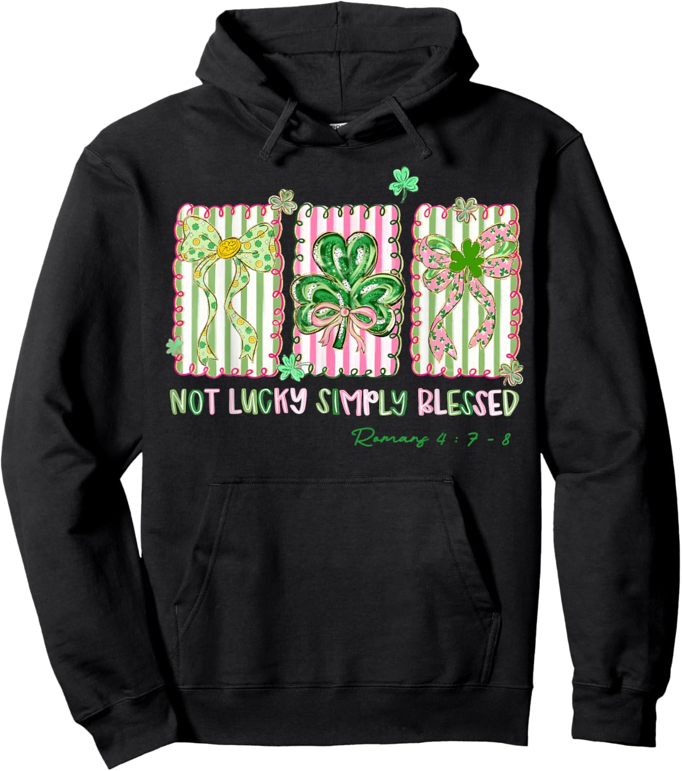Preppy St Patrick's Day Simply Blessed Coquette Bow Shamrock Hoodie - Hoodie | Black