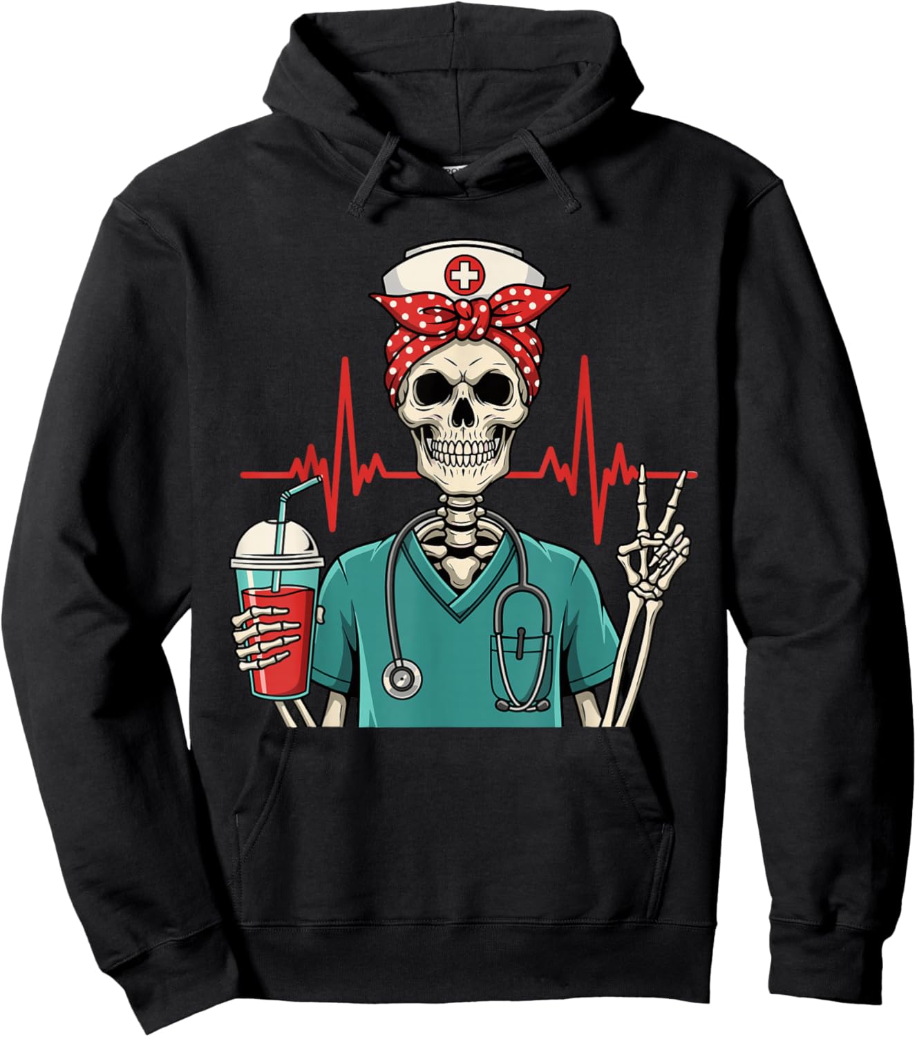 Funny Skeleton Nurse Coffee Lover Halloween Nurse Hoodie - Hoodie | Black