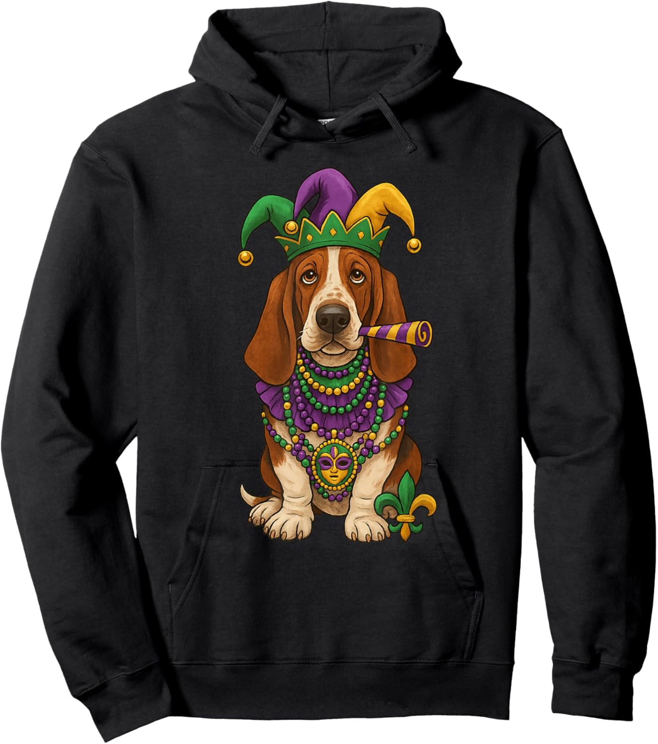 Mardi Gras, Basset Hound, Cute Dog Hoodie - Hoodie | Black