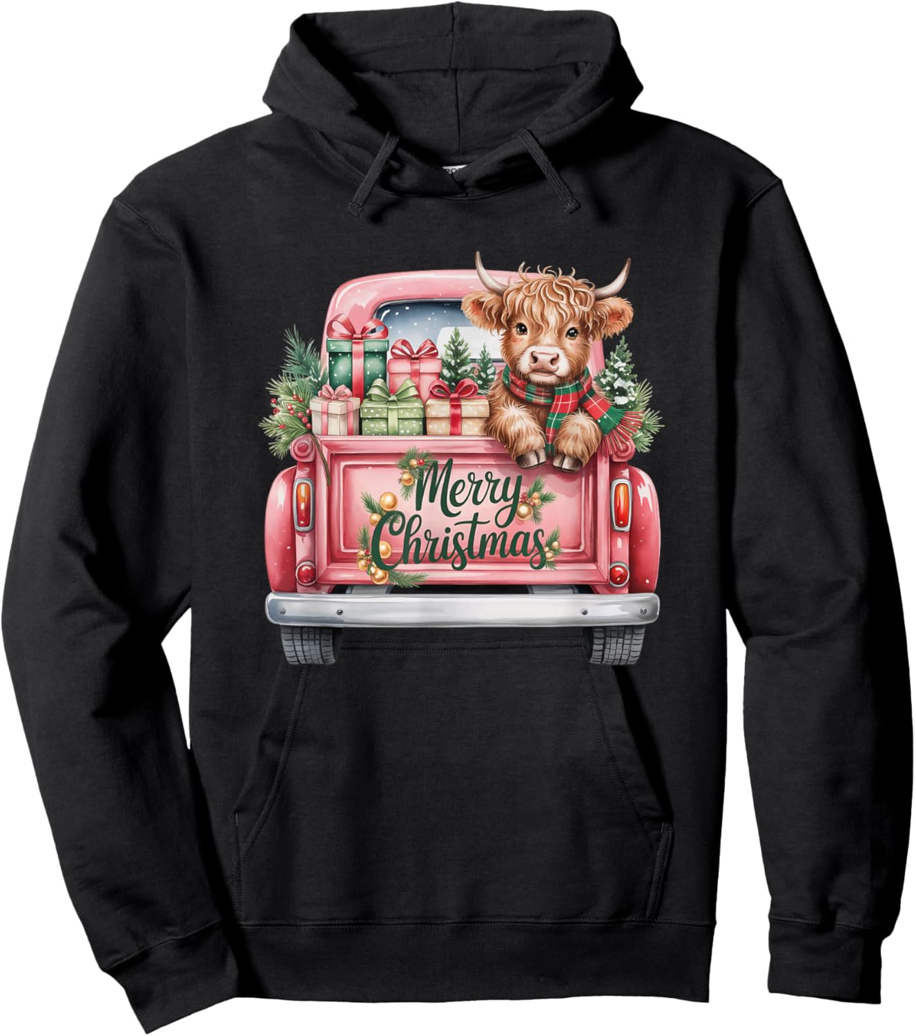 Merry Christmas Cow in Vintage Truck Design Mom Hoodie - Hoodie | Black