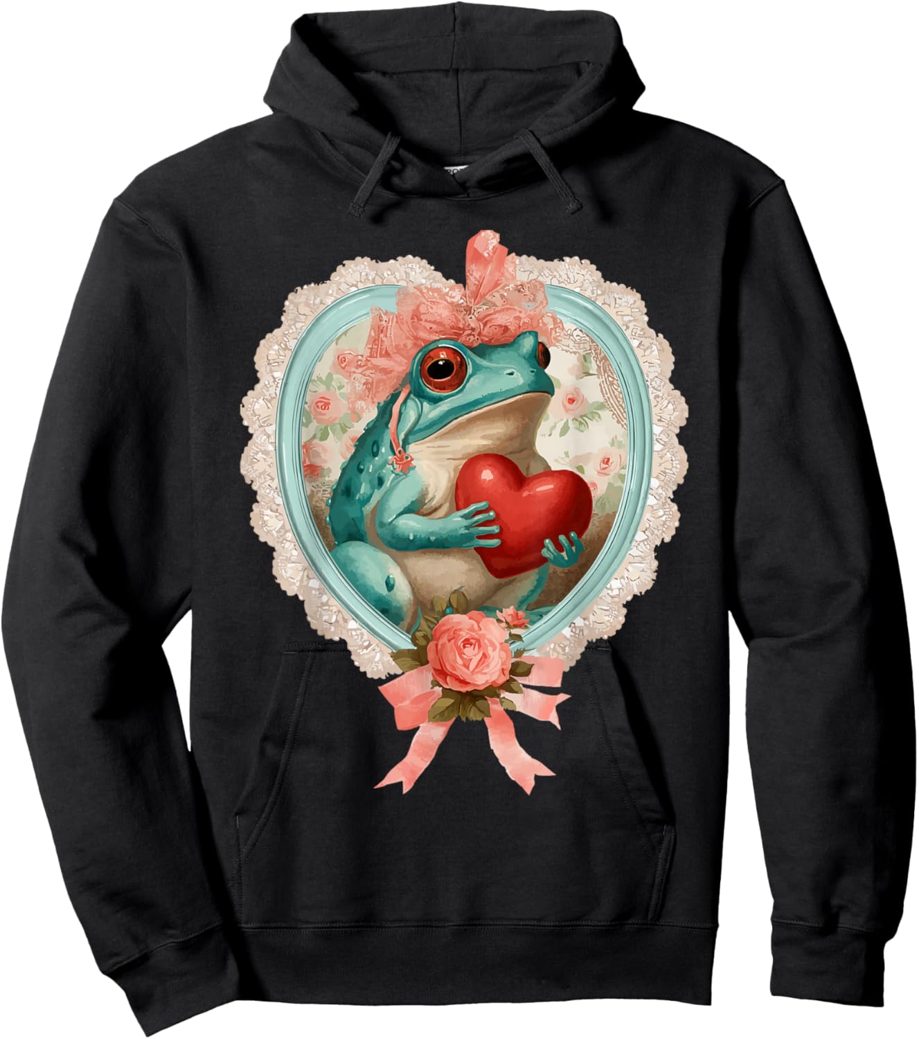 Vintage Valentine Frog with Heart Romantic Animal Coquette Hoodie - Hoodie | Black