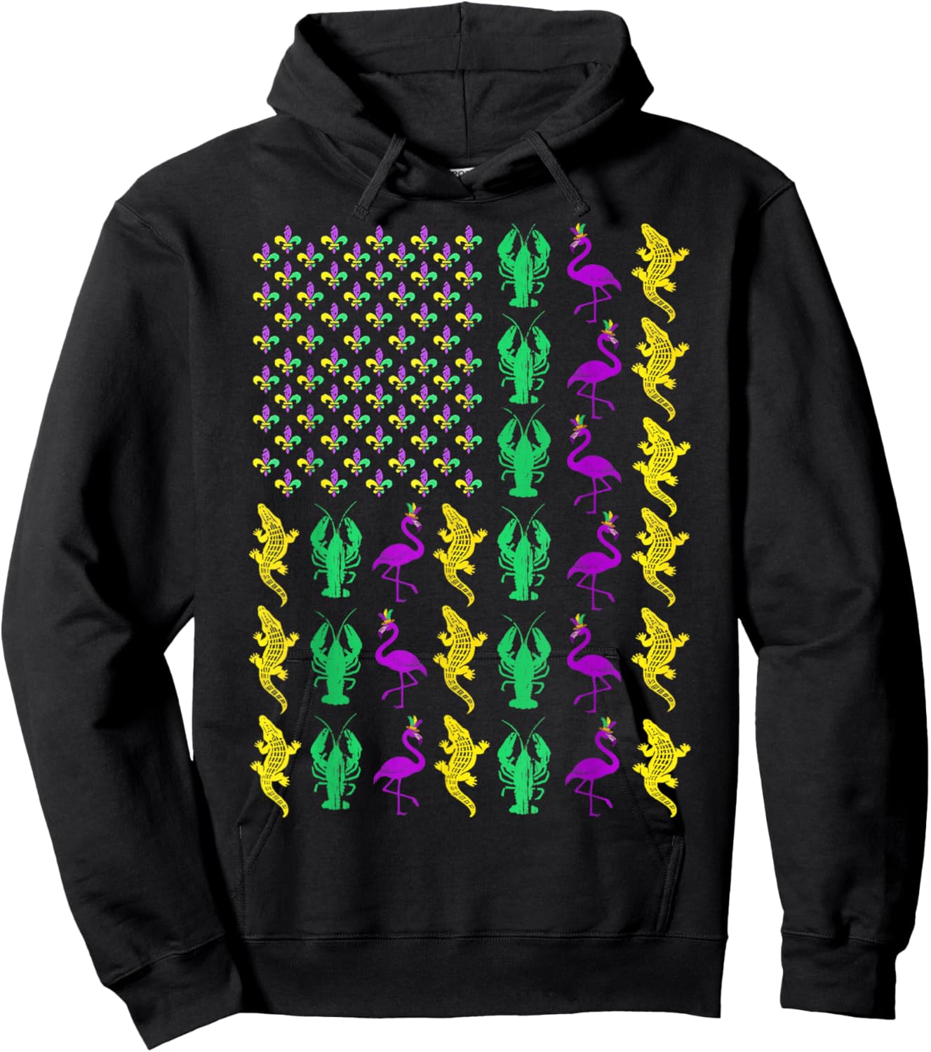 Mardi Gras American Flag Crawfish Flamingo Alligator Party Hoodie - Hoodie | Black