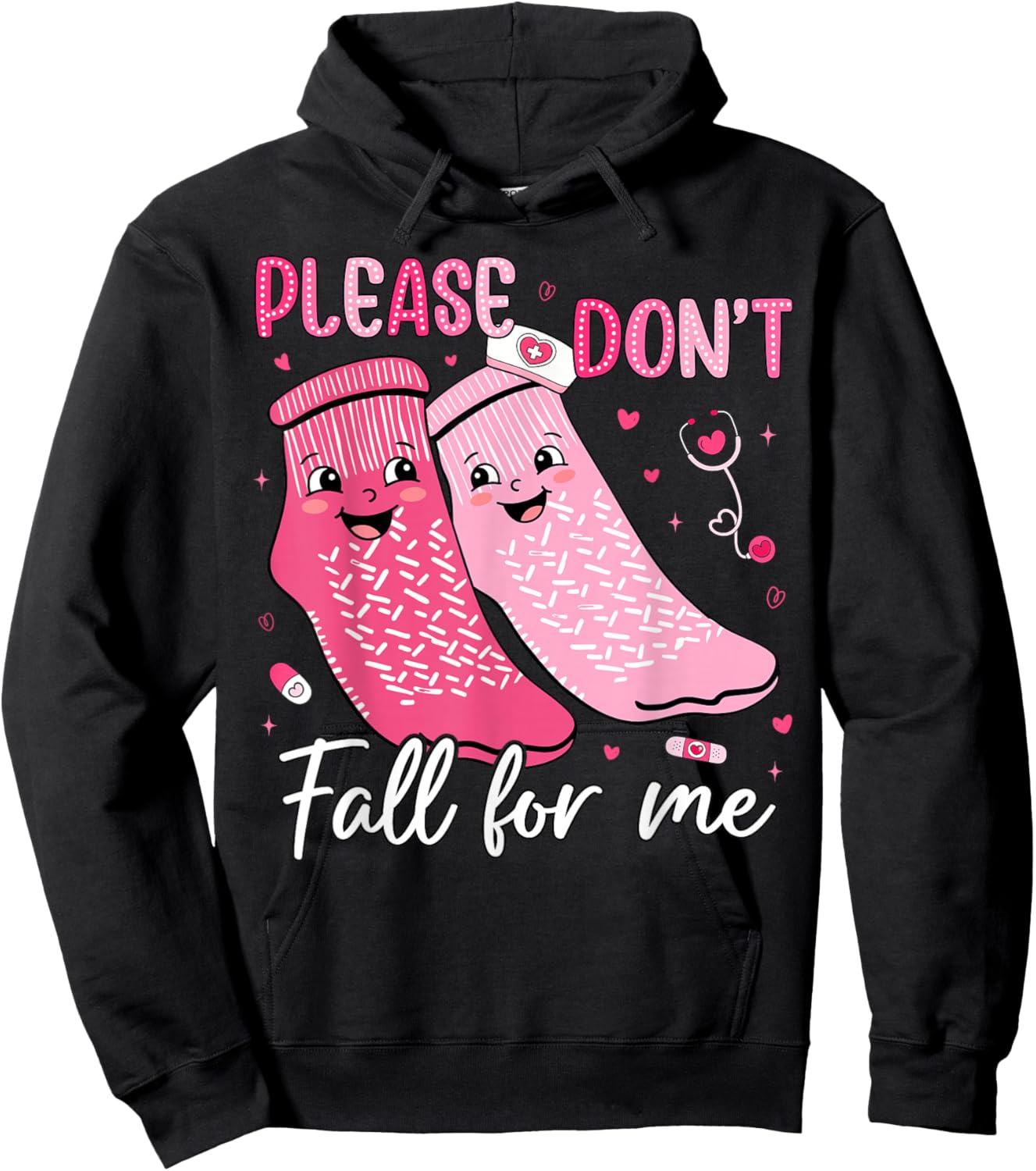Please Don't Fall for Me Nurse Valentines Pink Socks Women Hoodie - Hoodie | Black
