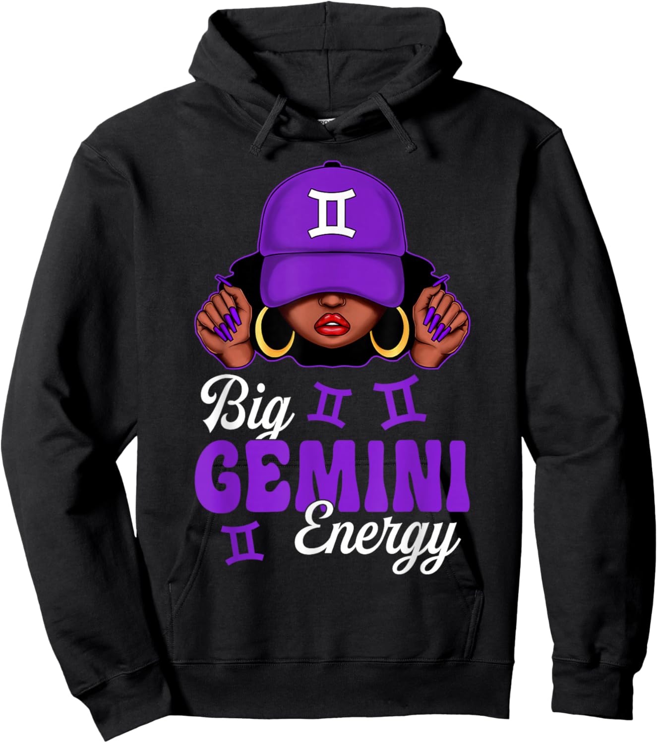 Big Gemini Energy Black Woman Purple Cap Zodiac Sign Hoodie - Hoodie | Black