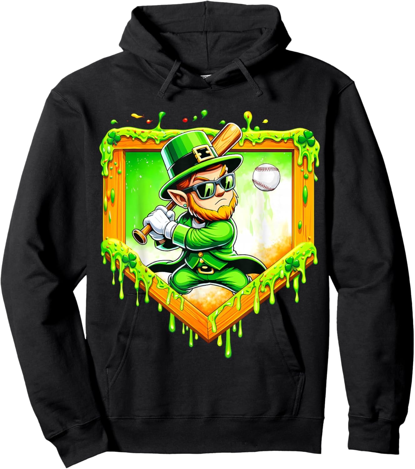 Leprechaun Baseball St Patricks Day Ice Cream Drip Men Boys Hoodie - Hoodie | Black