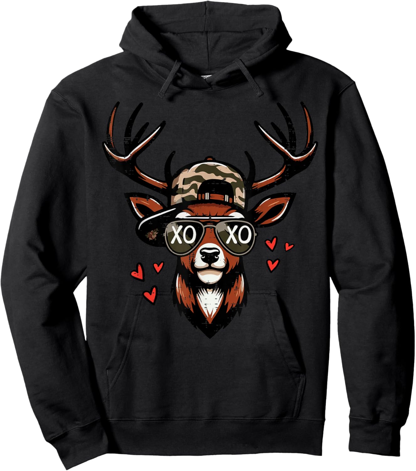 Valentines Day Deer Head Camo Cap Hunting Men Women Kids Hoodie - Hoodie | Black