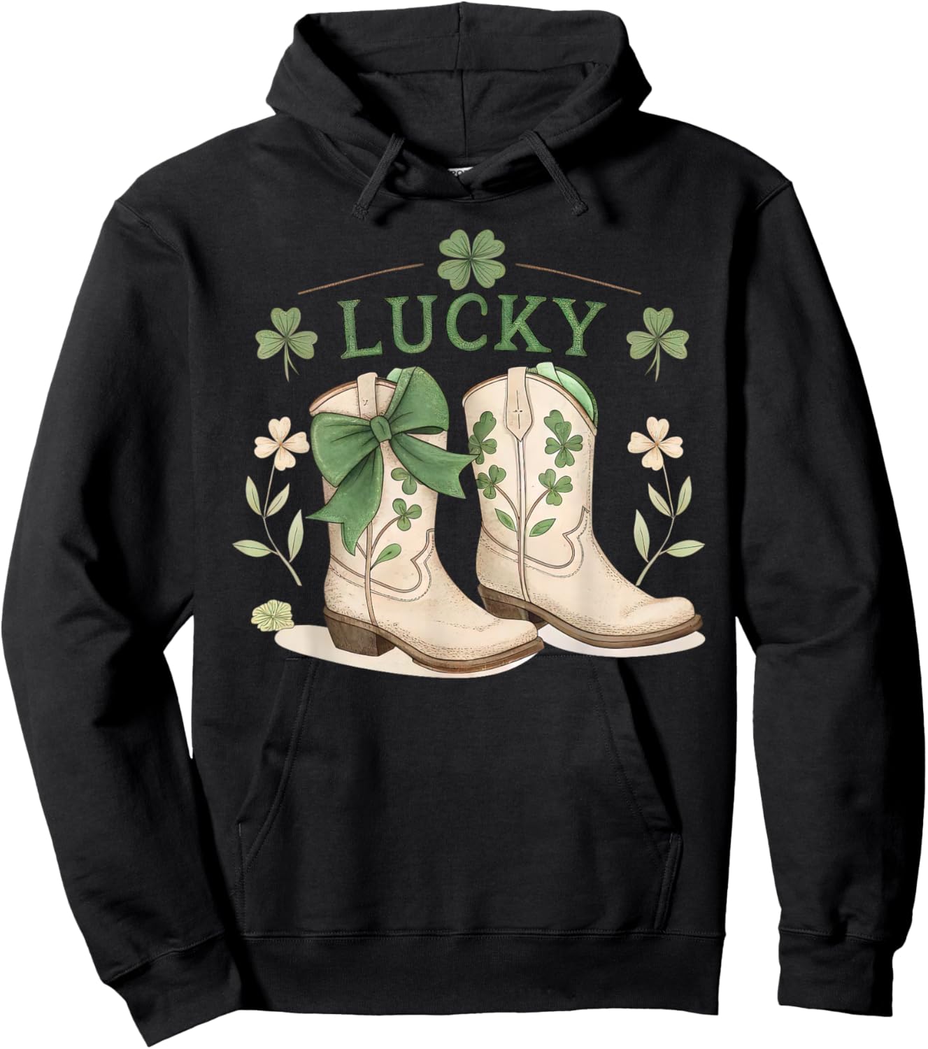 Coquette Cowgirl Boots Lucky Bow St Patricks Day Western Hoodie - Hoodie | Black