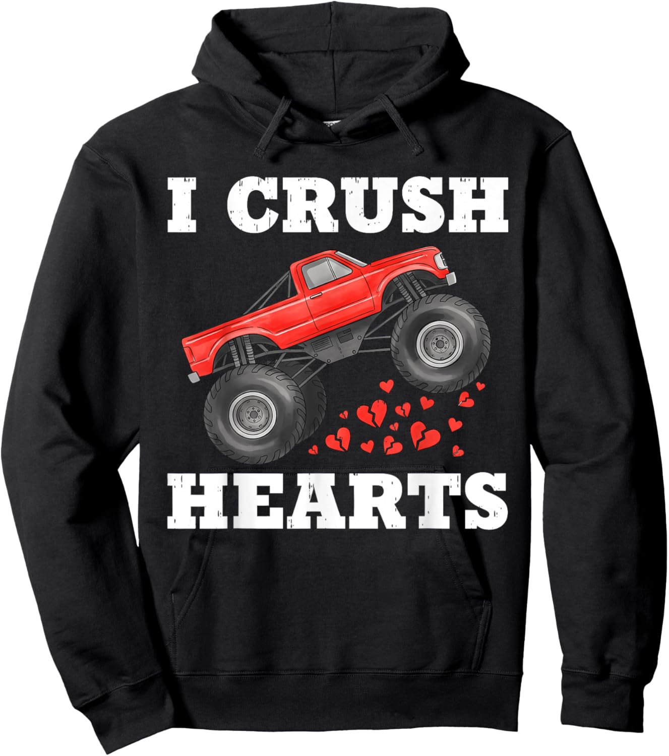Monster Truck Teens Kids Boys I Crush Heart Valentines Day Hoodie - Hoodie | Black