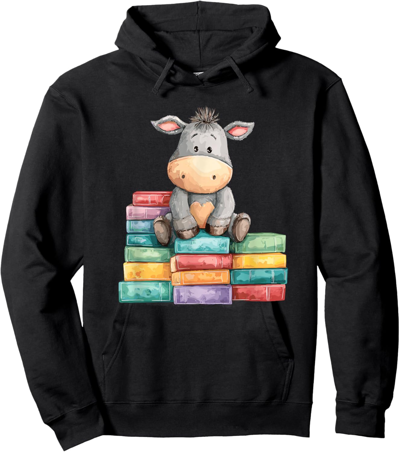 Adorable Donkey with Heart Sitting On Colorful Book Stack Hoodie - Hoodie | Black