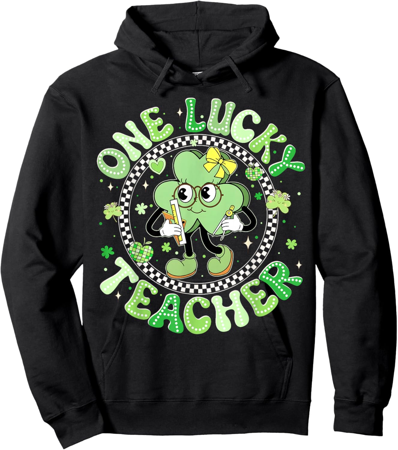 One Lucky Teacher St Patricks Day Shamrock Face Girl Teacher Hoodie - Hoodie | Black