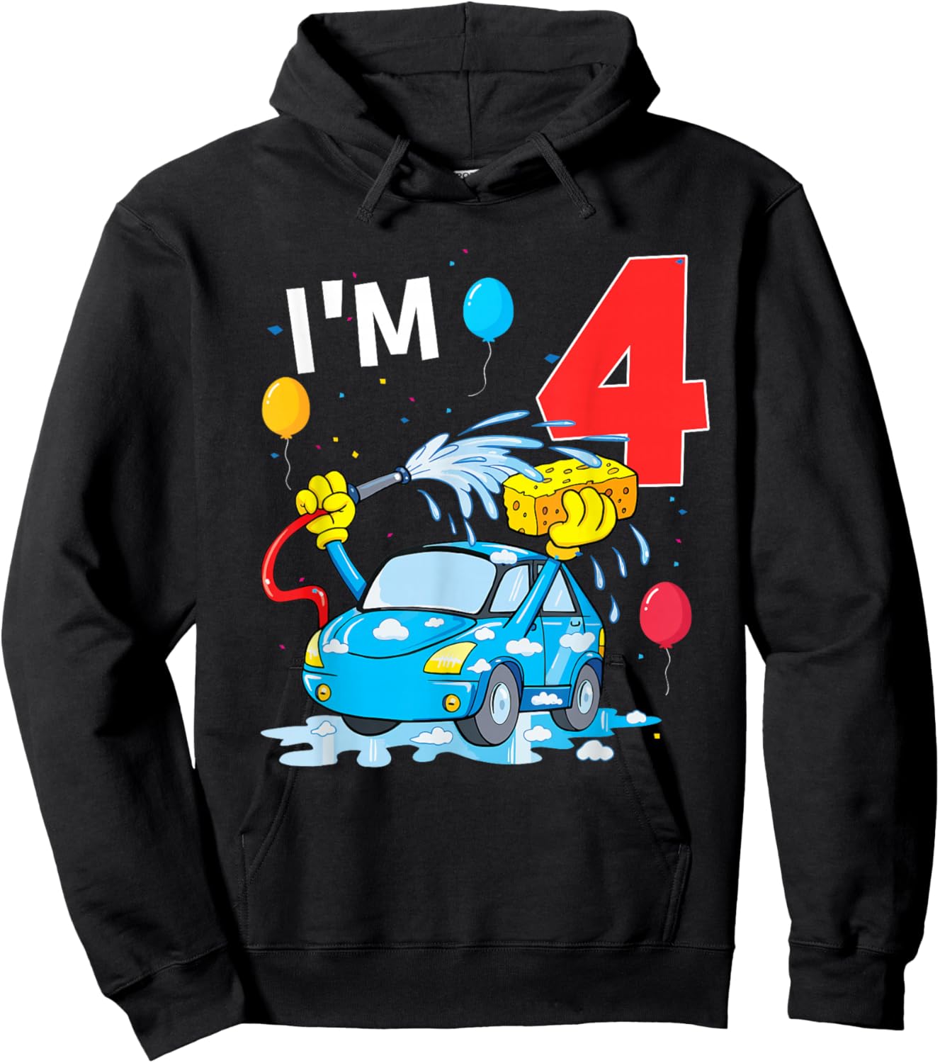 4 Year Old Bday 4th Birthday Car Wash Theme Party Hoodie - Hoodie | Black
