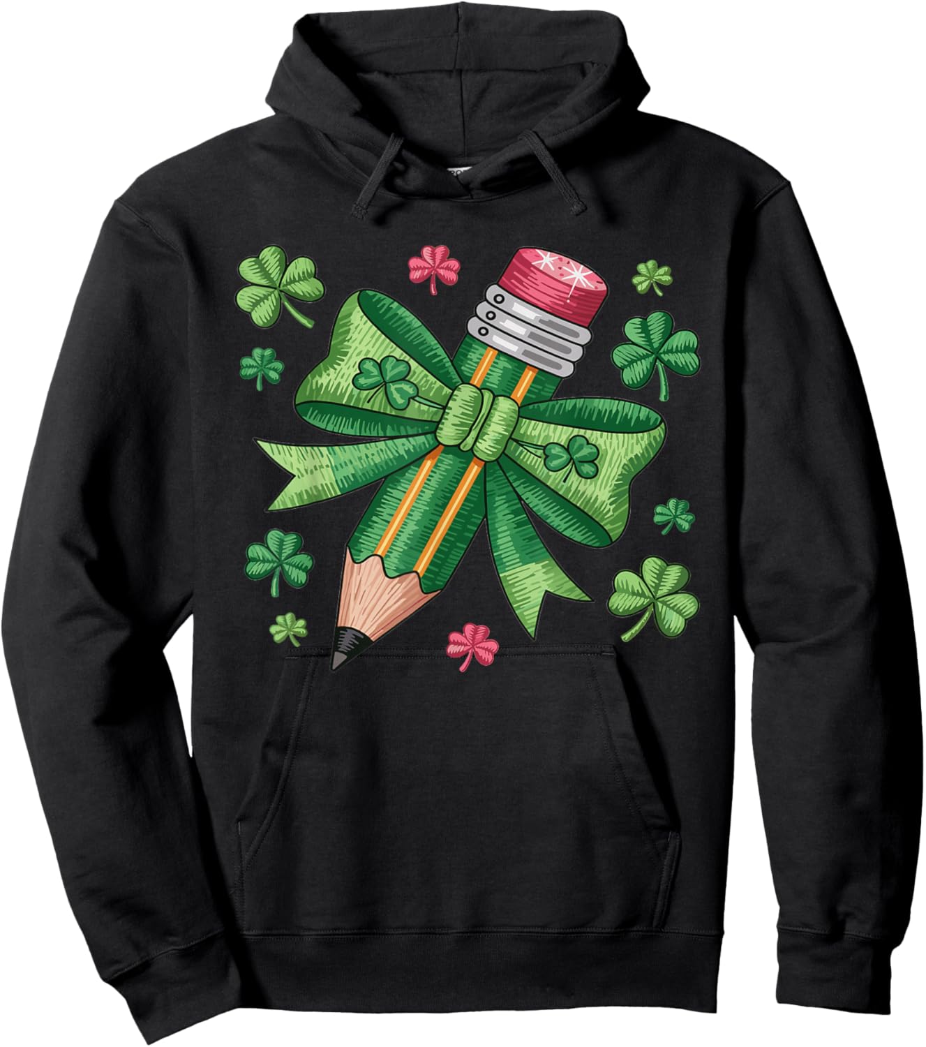 Teacher St. Patrick’s Day Pencil with Bow Shamrock Graphic Hoodie - Hoodie | Black