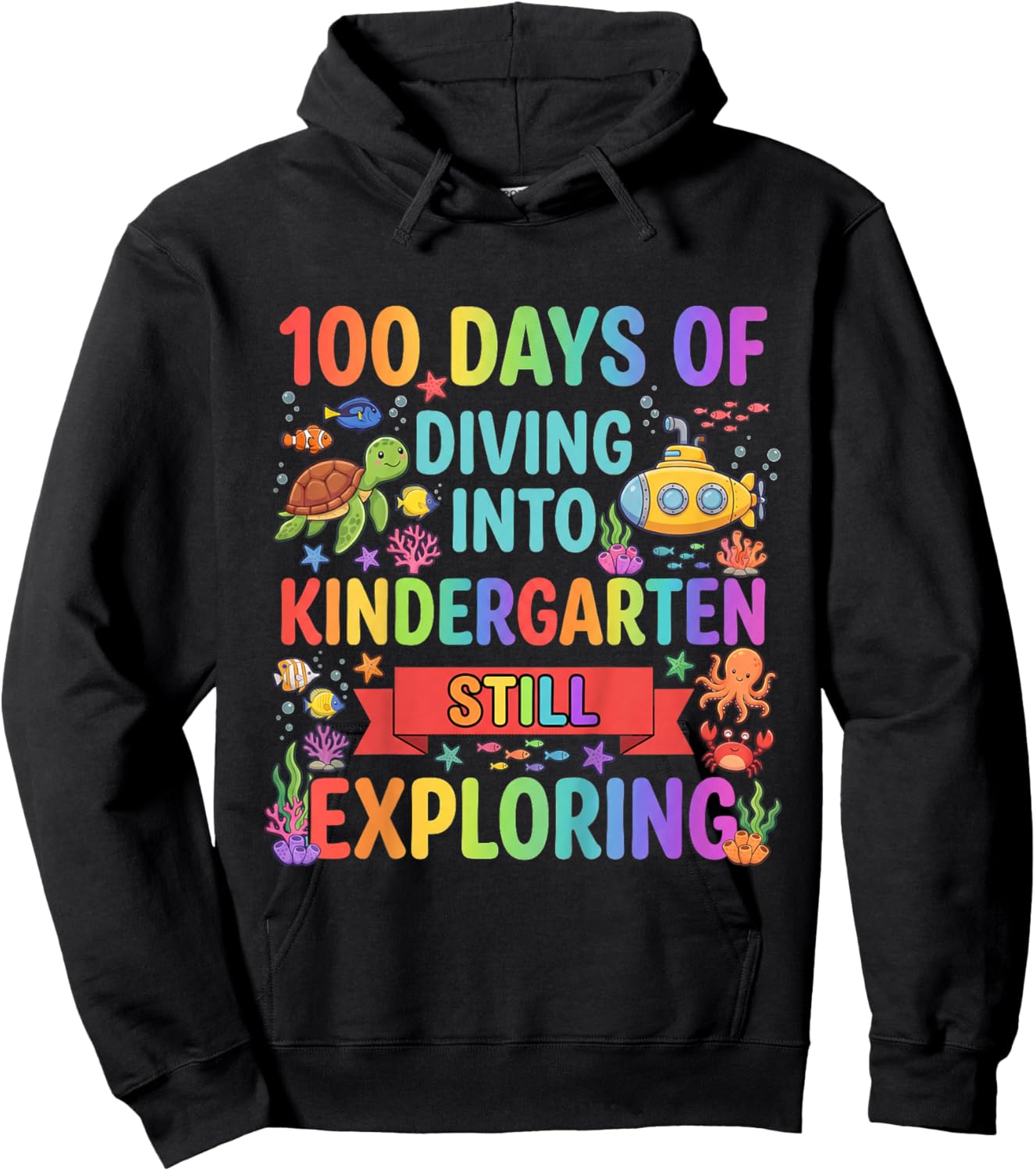 Kids 100 Day of School Diving Into Kindergarten Ocean Animals Art Hoodie - Hoodie | Black