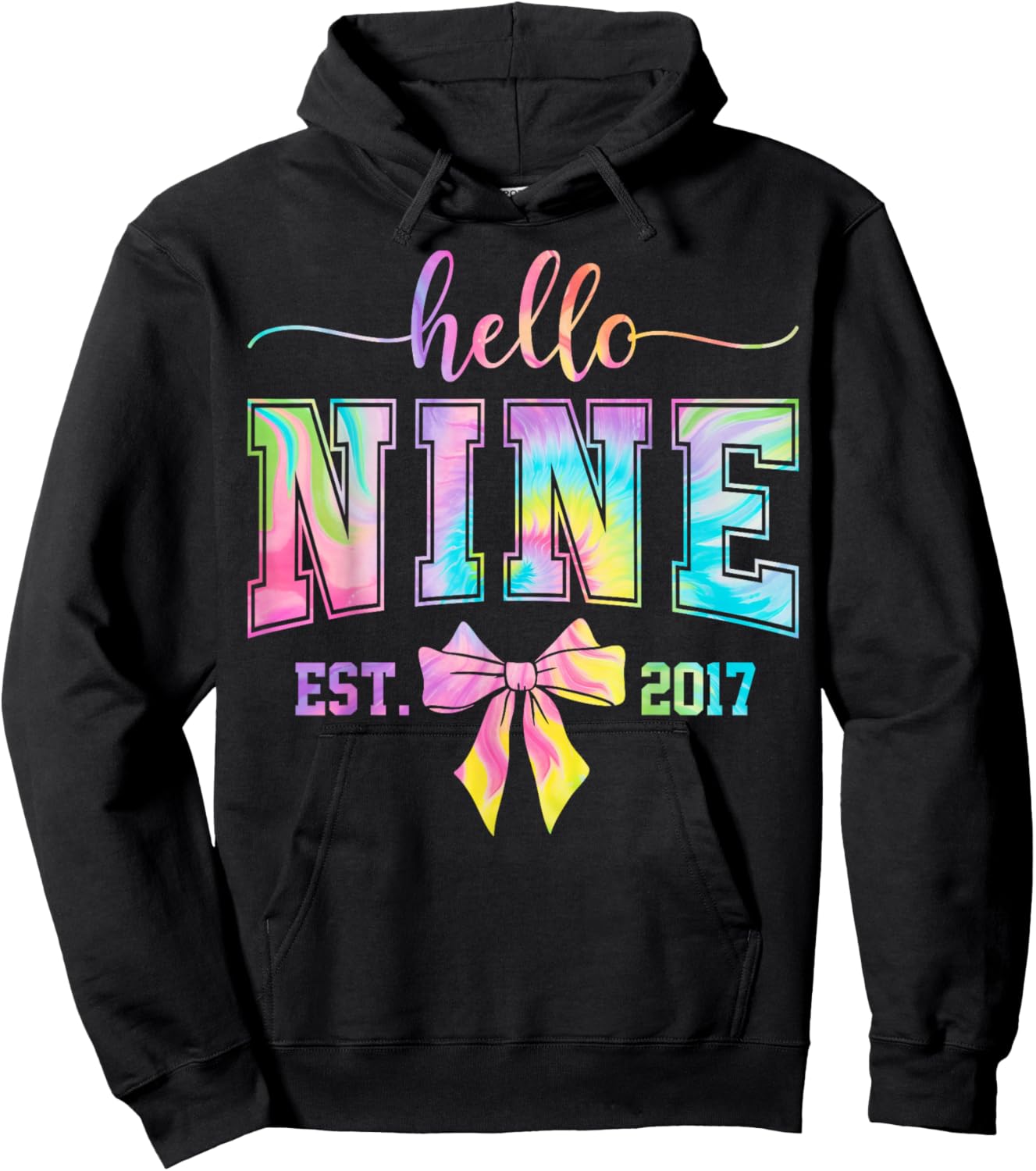 Hello Nine EST 2017 9th Birthday Coquette 9 Year Old Girl Hoodie - Hoodie | Black