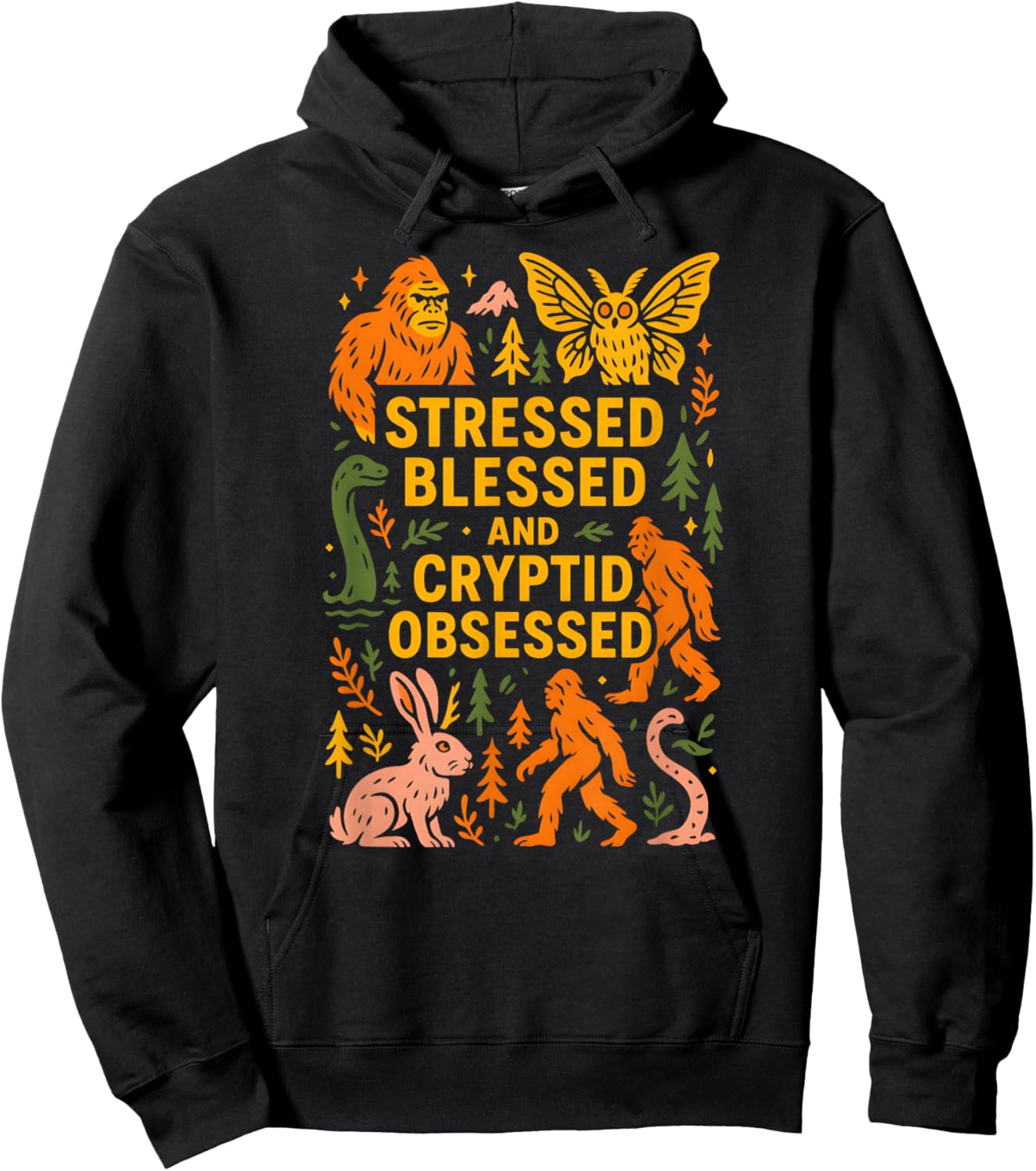 Bigfoot Stressed Blessed Cryptid Obsessed Mothman Hoodie - Hoodie | Black