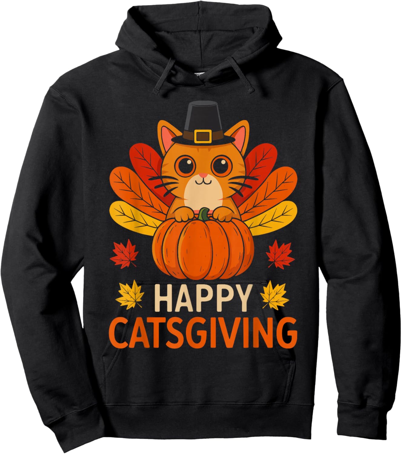 Happy Catsgiving Funny Thanksgiving Cat Turkey Hoodie - Hoodie | Black