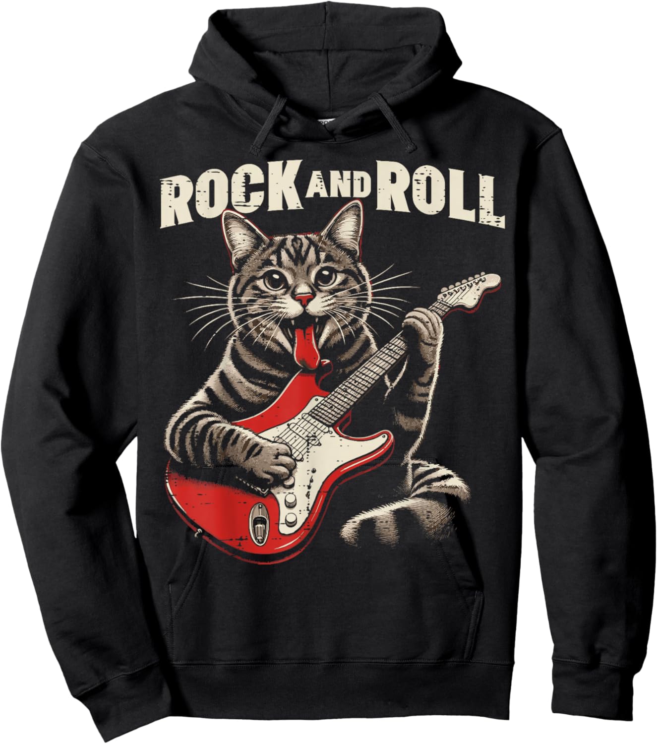 Cat Electric Guitar Rock and Roll Rocker Kitten Men Boys Kid Hoodie - Hoodie | Black