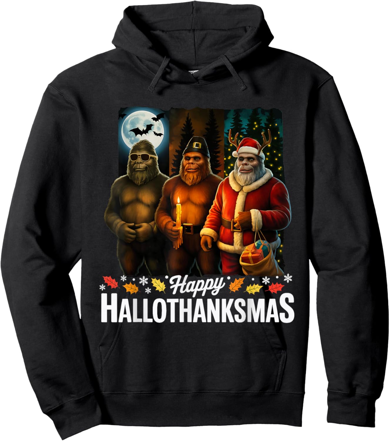 Happy Hallothanksmas Halloween Xmas Sasquatch Bigfoot Squad Hoodie - Hoodie | Black