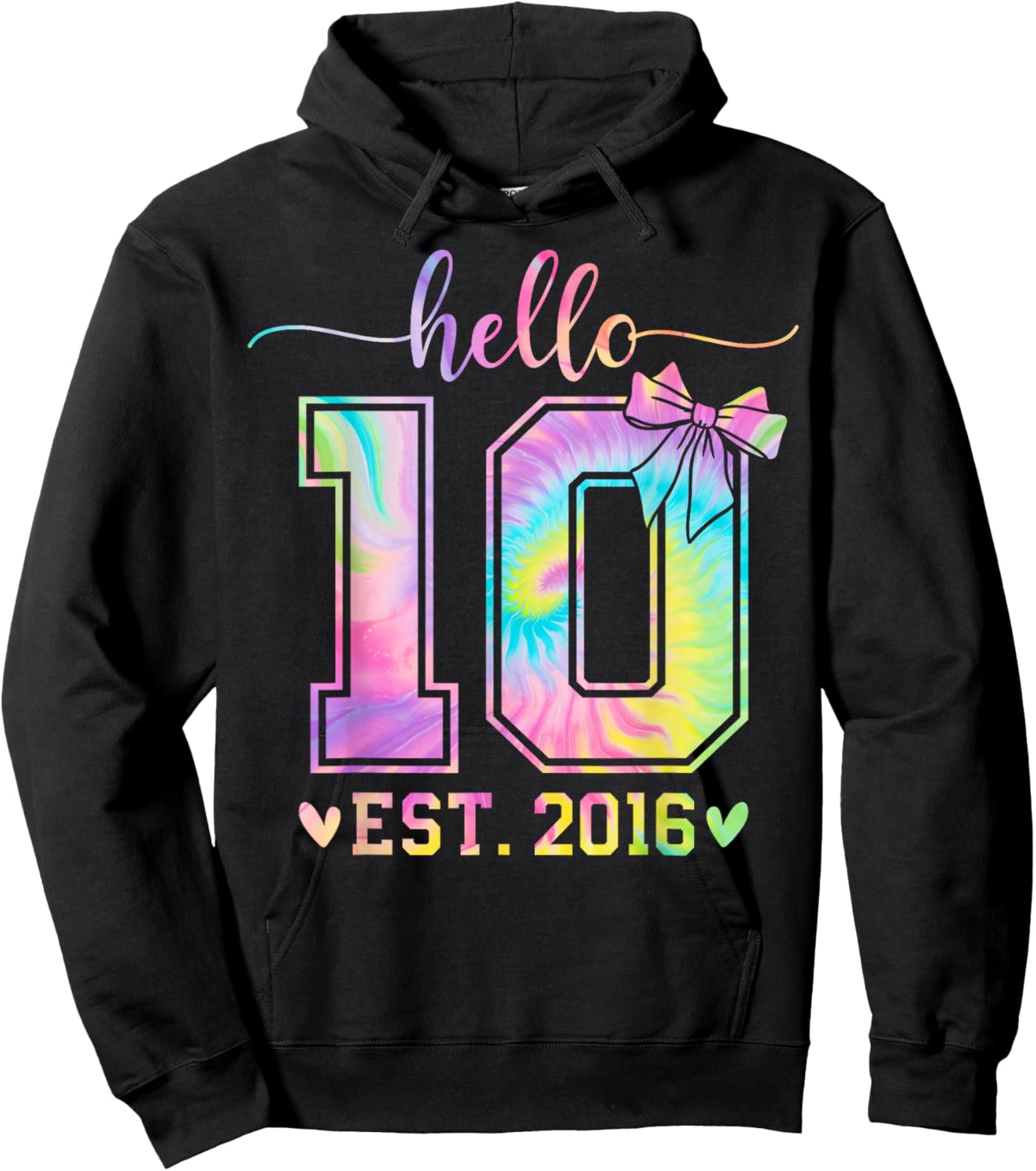 Hello Ten EST 2016 10th Birthday Coquette Bow 10 Year Girl Hoodie - Hoodie | Black