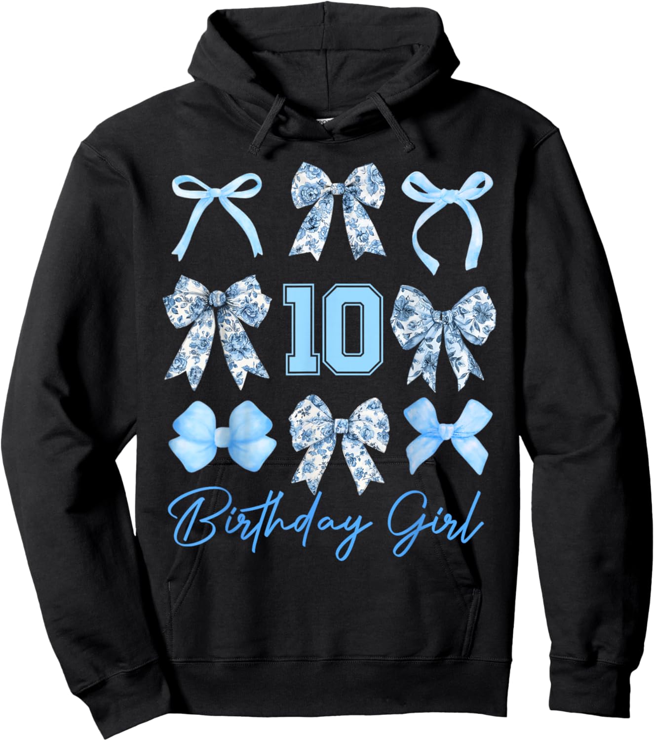 10th Birthday Girl Blue Toile Coquette Bow 10 Year Old Hoodie - Hoodie | Black