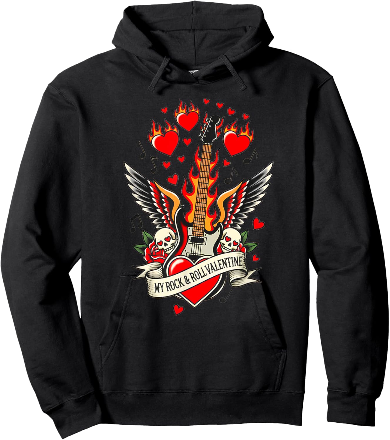 Valentine’s My Rock and Roll Valentine Guitar Wings Skulls Hoodie - Hoodie | Black