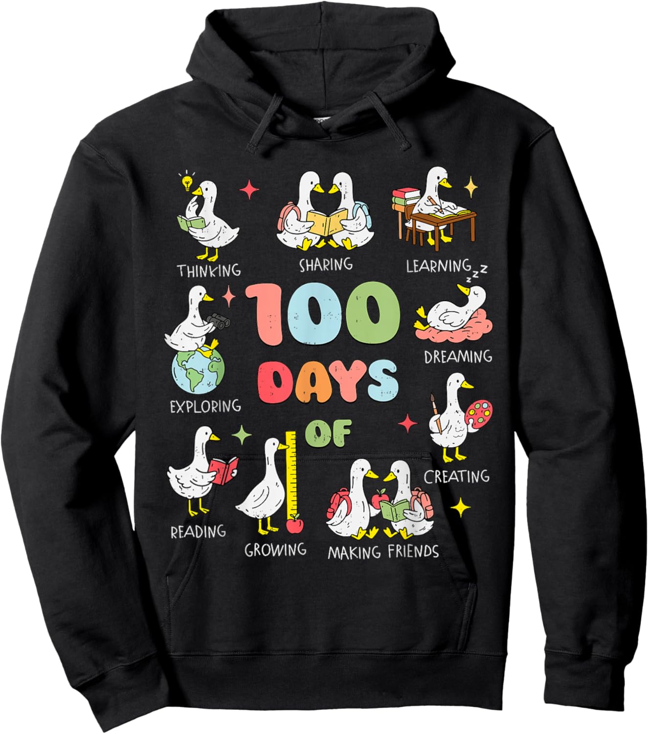 Happy 100 Days of School Girl Kids Goose 100th Day of School Hoodie - Hoodie | Black