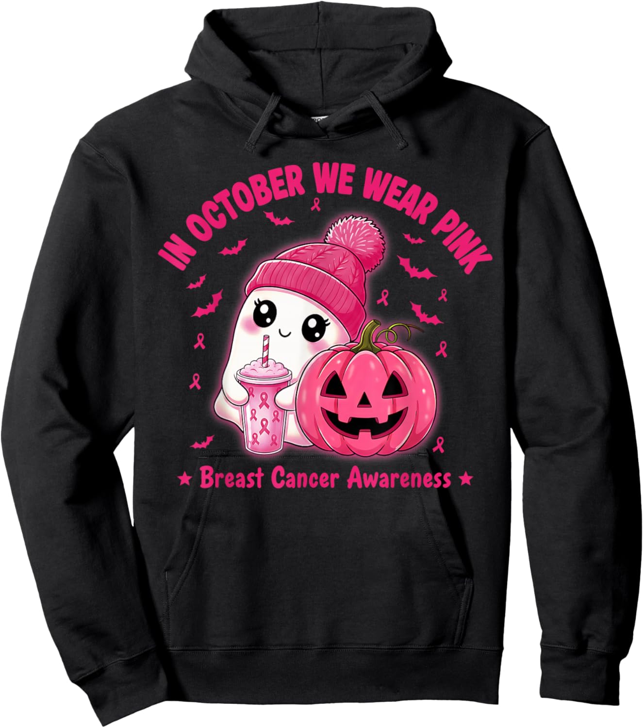 in October We Wear Pink Cute Ghost Breast Cancer Awareness Hoodie - Hoodie | Black