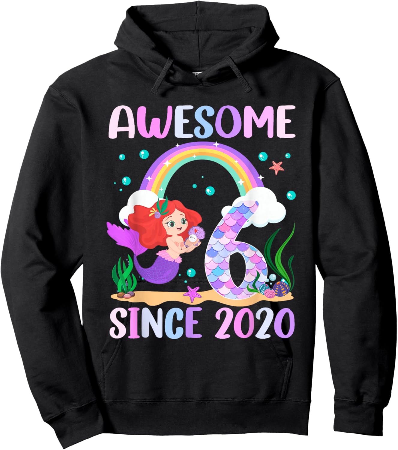 6th Birthday Girl Mermaid Theme Awesome Since 2020 Hoodie - Hoodie | Black