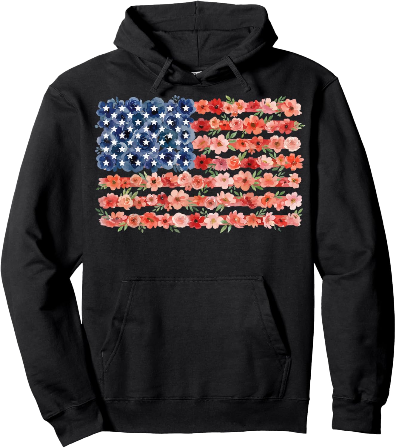 Floral American Flag Flowers Wildflowers 4th of July Hoodie - Hoodie | Black