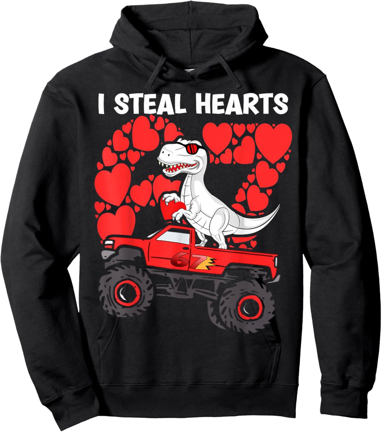 Valentines Day Boys Kids I Steal Hearts trex Truck 67 Hoodie - Hoodie | Black