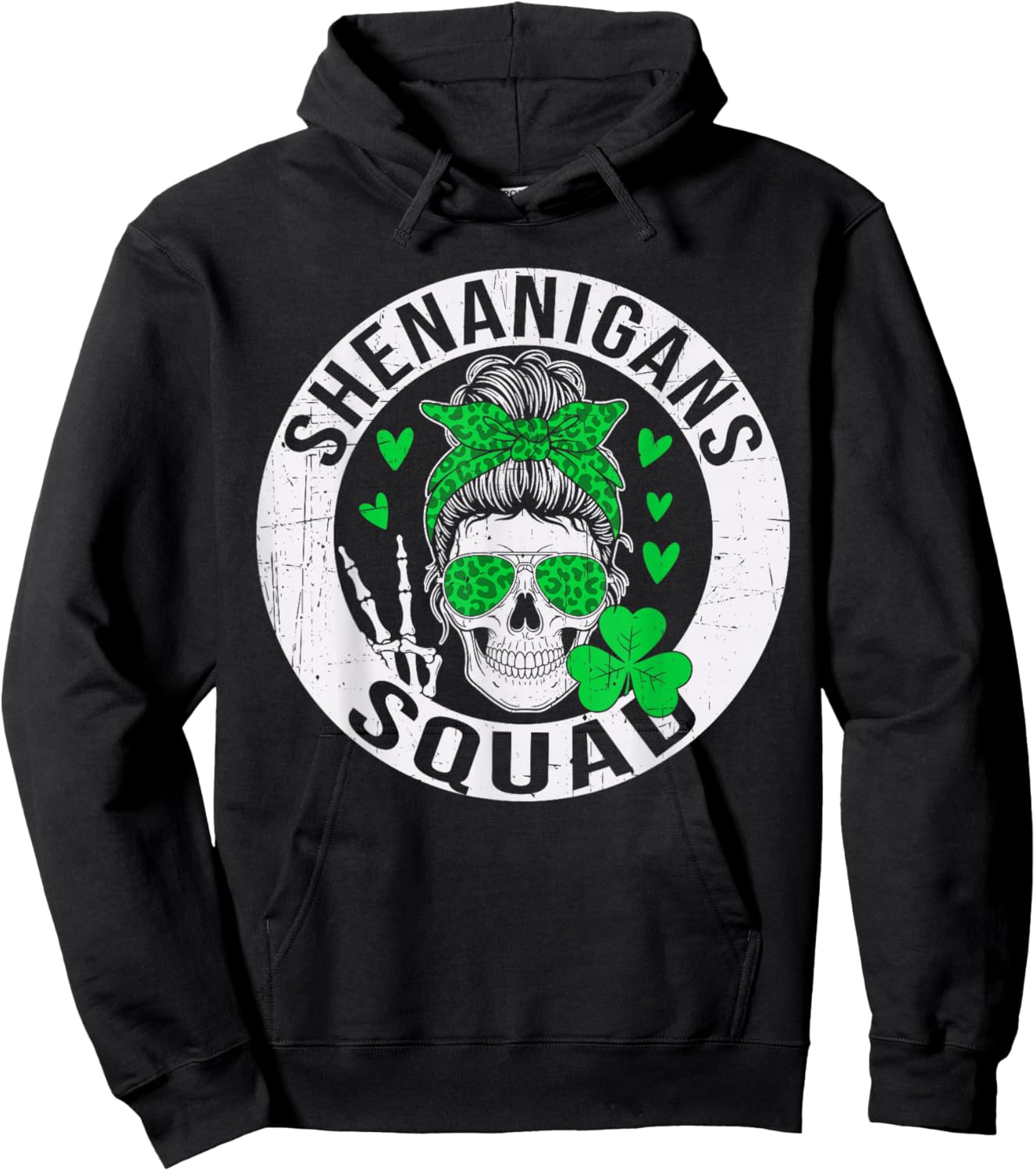 Shenanigans Squad St Patricks Day Messy Bun Shamrock Women Hoodie - Hoodie | Black