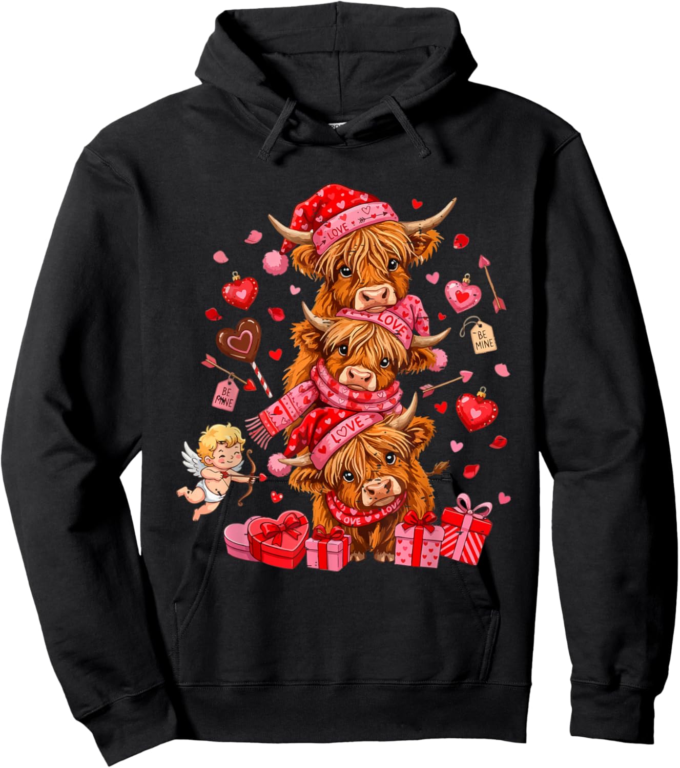 Funny Valentine Highland Cow Lover XOXO Be Mine Cute Cupid Hoodie - Hoodie | Black