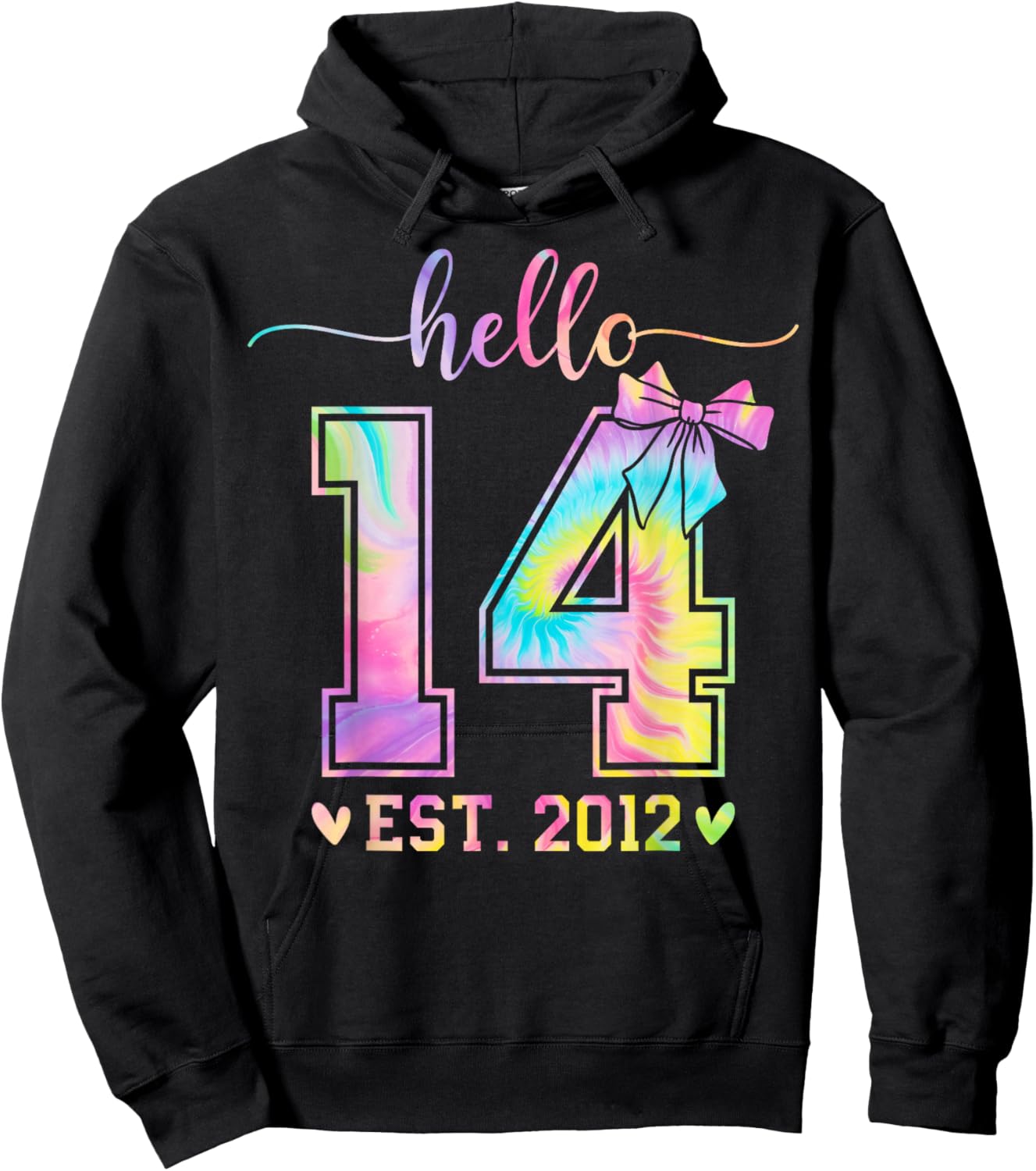 Hello Fourteen EST 2012 14th Birthday Coquette 14 Year Girl Hoodie - Hoodie | Black