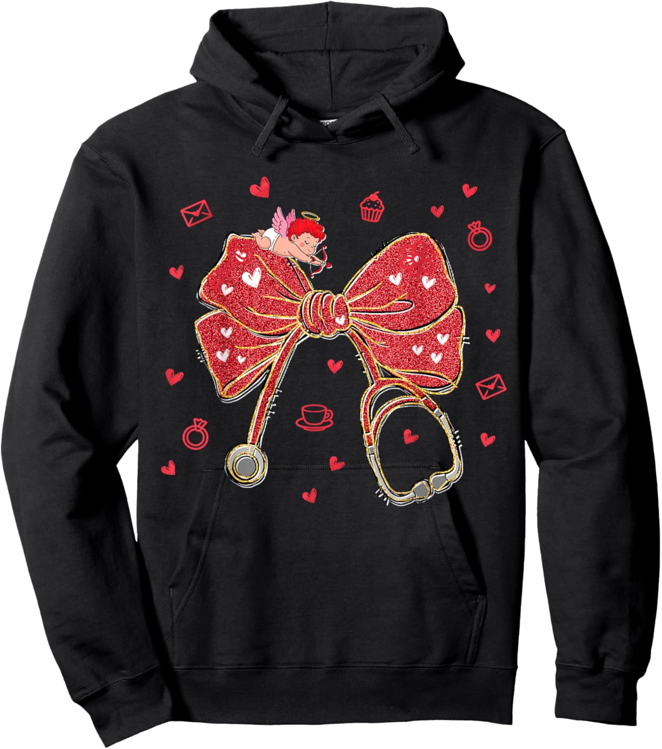 Valentines Nurse Coquette Bow Stethoscope Cupid Nursing Life Hoodie - Hoodie | Black