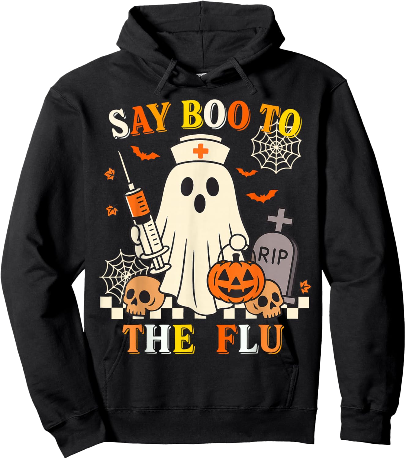 Funny Retro Nurse Ghost Halloween Vaccine Say Boo to The Flu Hoodie - Hoodie | Black