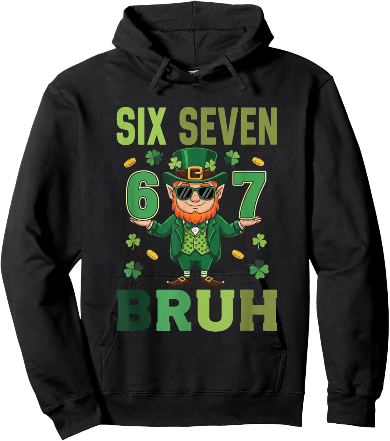 Six Seven Bruh Leprechaun 67 Meme St Patrick's Day Kids Boys Hoodie - Hoodie | Black