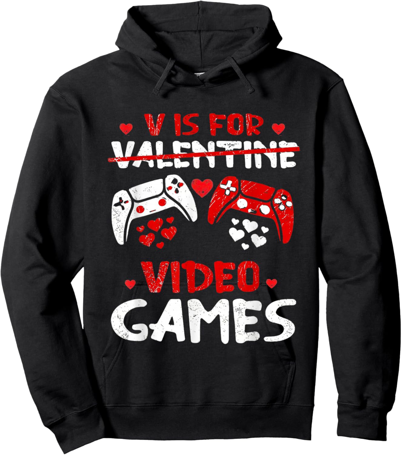 V is for Video Games Funny Valentines Day Gamer Boy Men Kids Hoodie - Hoodie | Black